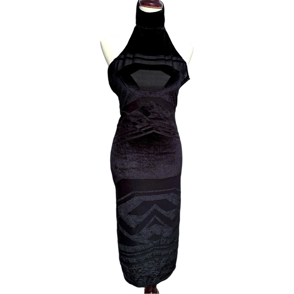 NWT Nasty Gal Collection Black Mesh Velvet Burnout Halter Midi Dress Size Medium